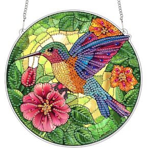 Reofrey Hanging Diamond Art Kits for Adults– 8x8 Inch Hummingbird Acrylic Board Double Sided Pattern Diamond Painting Suncatcher Pendant, Crystal Art for Home Wall or Window Decoration Handmade Gift