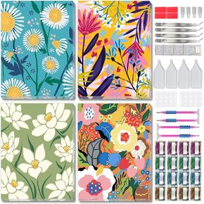 Micyanart 4Pack Flowers مع إطارات مجموعات فن الماس للبالغين ، مجموعات الطلاء بوهيميا الماس ، نقاط حول الحفر الكاملة للحفر لديكور الجدار حجم الهدية 9.8x13.7in