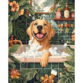 Qaceyid Dog Paint Paint بأرقام مجموعات 16 × 20 بوصة Canvas Retriever في الحمام لطيف جرو اللوحة زيت DIY للبالغين المبتدئين مع فرش رسومات هدية بدون إطار