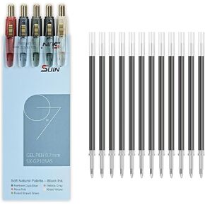 Suin 5 Packs Gel Als ، Premium 0.7 مم الحبر الأسود + 12 عبوات ، نقطة غرامة متوسطة القابلة لإعادة التعبئة