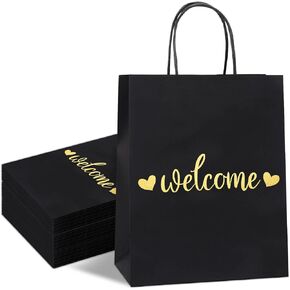 QIELSER ترحيب أكياس الهدايا بكميات كبيرة 50 قطعة ، رقائق الذهب ترحيب بأكياس الزفاف الورقية السوداء مع مقابض للتسوق في مجال البيع بالتجزئة ، زفاف ، عطلة استحمام الطفل ، لوازم الحفلات ، الحجم 8x4.75x10 بوصة