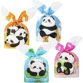 أكياس Panda Treat 50 pcs ، وأكياس حلوى Cartoon Panda في 4 تصاميم ، Bamboo Panda Friend Friend Mission أكياس الهدايا البلاستيكية مع أذنين الأرانب لعلاقات الباندا للأطفال.