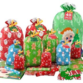 مجموعة أكياس هدايا 22pcs ، 5 أنماط أكياس عيد الميلاد للهدايا ، حقيبة هدايا سانتا القابلة لإعادة الاستخدام (3 X-large ، 3 كبيرة ، 5 متوسطة ، 5 صغيرة ، 6 ميني) و 22 بطاقات و 16 شرائط و 40 علبة