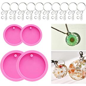 64Pcs Round Silicone Keychains Molds Set- 4Pcs Round Silicone Molds Circle Resin Molds, Epoxy Resin Casting Molds, with Keychains & Jump Ring for DIY Keychain Pendant, Necklace Jewelry Making Craft