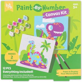 مجموعة Dino Paint-By-Number Canvas-مجموعة فن All-in-1 ، ولوحان ديناصور ، و 8 أواني طلاء غير سامة وفرش ، والأطفال الذين تتراوح أعمارهم بين 5 سنوات
