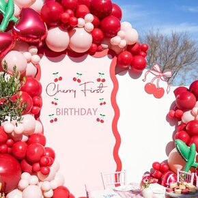 Cherry First Birthday Scal - Sweet One Party Decoration ، ملصق موضوع الكرز لقوس البالون ، لوازم الحفلات الأولى للفتيات (عيد ميلاد الكرز الأول الأحمر)