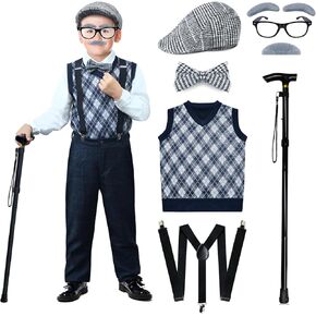 100 Days of School Costume for Boys – Old Man Costume with Grandpa Hat, Beard, and Vest for Kids School Cosplay