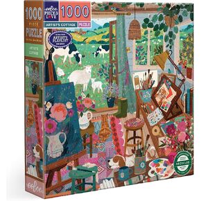 Eeboo Piece & Love: Artist's Cottage - 1000 قطعة لغز - بانورش مربعة للبالغين ، 23x23 ، يتضمن إدراج مرجعي للصورة ، قطع لامعة