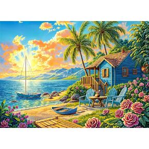 HUADADA 1000 Piece Puzzles for Adults - Summer Beach Vacation -Surfing, Coconut Trees, Wooden Houses- Jigsaw Puzzles for Adults and Kids 1000 Piece Educational Games Colorful Puzzles