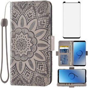 Asuwish Phone Case for Samsung Galaxy S9 Plus with Tempered Glass Screen Protector and Flower Leather Wallet Flip Cover Credit Card Holder Stand Cell Accessories S9+ 9S 9+ S 9 9plus S9plus Women Red