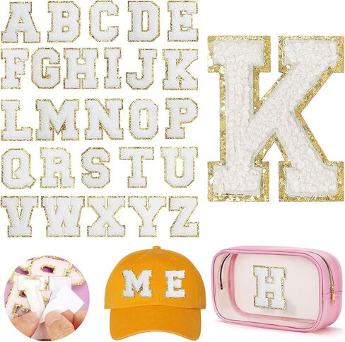 26PCS Chenille Letter Patches Self Adhesive Alphabet Sticker Set for DIY Clothing White Felt Initial Letters Patches with Gold Glitter Border Sew Varsity Letter Patches Stickers for Backpacks Hats in Kuwait