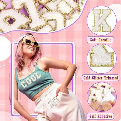 26PCS Chenille Letter Patches Self Adhesive Alphabet Sticker Set for DIY Clothing White Felt Initial Letters Patches with Gold Glitter Border Sew Varsity Letter Patches Stickers for Backpacks Hats in Kuwait