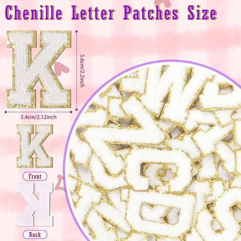 26PCS Chenille Letter Patches Self Adhesive Alphabet Sticker Set for DIY Clothing White Felt Initial Letters Patches with Gold Glitter Border Sew Varsity Letter Patches Stickers for Backpacks Hats in Kuwait