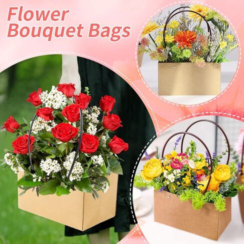 LOMIMOS 5PCS Brown Kraft Flower Gift Bag,Floral Bouquet Waterproof Heavy-Duty Paper Rectangle Tote Carrier Bags with Handle for Mother's Day Birthday Wedding Graduation Party Packaging Wrapping in Saudi Arabia