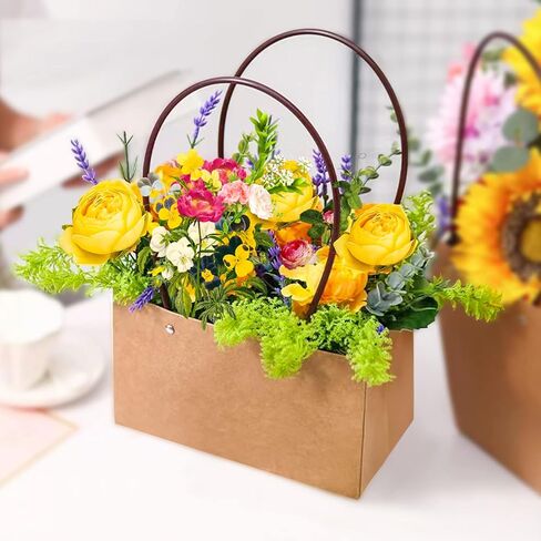 LOMIMOS 5PCS Brown Kraft Flower Gift Bag,Floral Bouquet Waterproof Heavy-Duty Paper Rectangle Tote Carrier Bags with Handle for Mother's Day Birthday Wedding Graduation Party Packaging Wrapping in Saudi Arabia