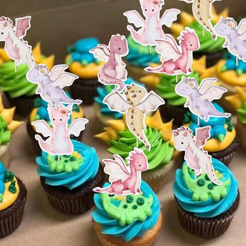 Rsstarxi 36 Pack Dragon Cupcake Toppers Dragon Baby Shower Decorations Dragon Cupcake Picks for Cartoon Fantasy Dragon Theme Kids Birthday Party Cake Decorations, Design 1 in Kuwait
