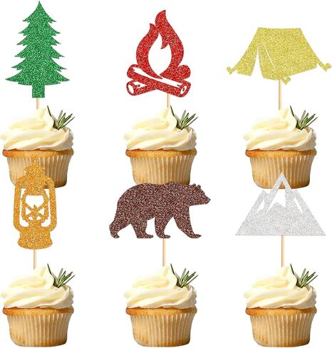 Ercadio 30 pcs camper topcake topcake - Tree Bear Tent Bonfire Peak Cake Picks - Camper Cake Decorations لعطلة نهاية الأسبوع in Kuwait