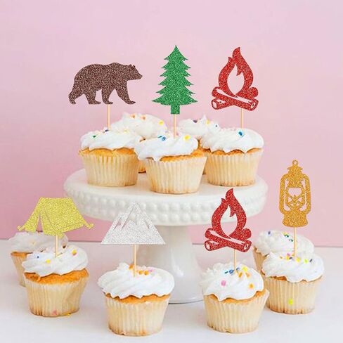 Ercadio 30 pcs camper topcake topcake - Tree Bear Tent Bonfire Peak Cake Picks - Camper Cake Decorations لعطلة نهاية الأسبوع in Kuwait