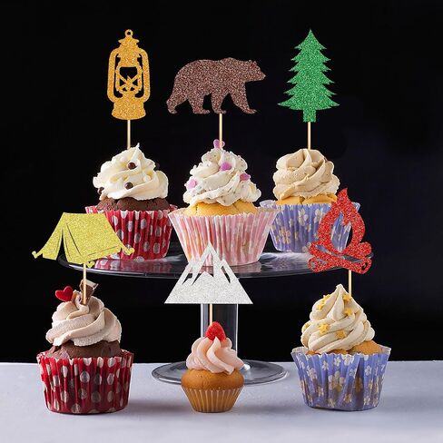 Ercadio 30 pcs camper topcake topcake - Tree Bear Tent Bonfire Peak Cake Picks - Camper Cake Decorations لعطلة نهاية الأسبوع in Kuwait