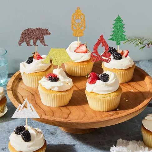 Ercadio 30 pcs camper topcake topcake - Tree Bear Tent Bonfire Peak Cake Picks - Camper Cake Decorations لعطلة نهاية الأسبوع in Kuwait