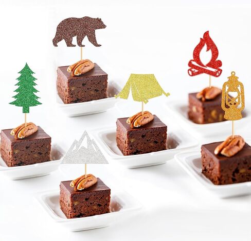 Ercadio 30 pcs camper topcake topcake - Tree Bear Tent Bonfire Peak Cake Picks - Camper Cake Decorations لعطلة نهاية الأسبوع in Kuwait