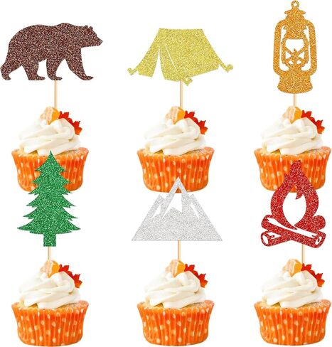 Ercadio 30 pcs camper topcake topcake - Tree Bear Tent Bonfire Peak Cake Picks - Camper Cake Decorations لعطلة نهاية الأسبوع in Kuwait
