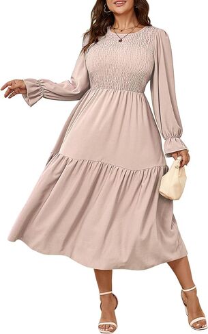 Women's Plus Size Dress Long Sleeve Crewneck Smocked Tiered Flowy Boho Wedding Party Maxi Dresses in Saudi Arabia