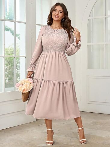 Women's Plus Size Dress Long Sleeve Crewneck Smocked Tiered Flowy Boho Wedding Party Maxi Dresses in Saudi Arabia