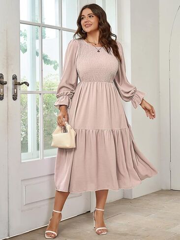 Women's Plus Size Dress Long Sleeve Crewneck Smocked Tiered Flowy Boho Wedding Party Maxi Dresses in Saudi Arabia