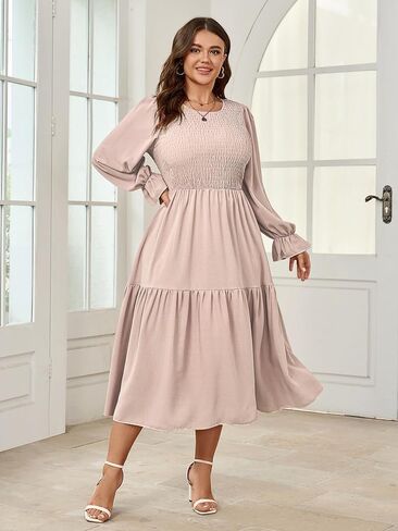 Women's Plus Size Dress Long Sleeve Crewneck Smocked Tiered Flowy Boho Wedding Party Maxi Dresses in Saudi Arabia