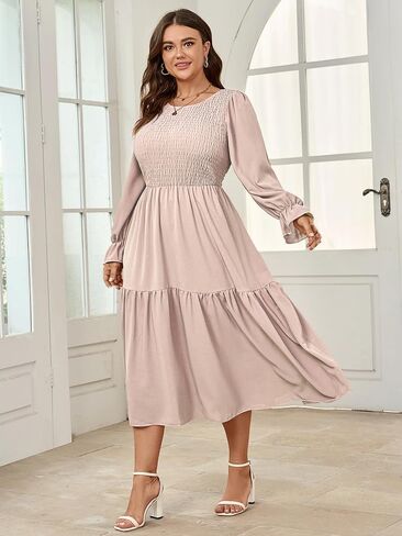 Women's Plus Size Dress Long Sleeve Crewneck Smocked Tiered Flowy Boho Wedding Party Maxi Dresses in Saudi Arabia