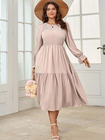 Women's Plus Size Dress Long Sleeve Crewneck Smocked Tiered Flowy Boho Wedding Party Maxi Dresses in Saudi Arabia