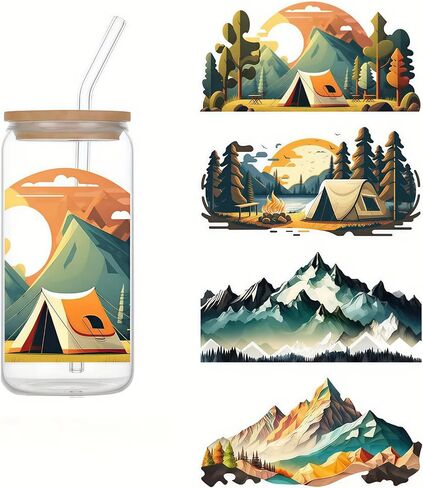4pcs Mountain & Camping تحت عنوان UV DTF Cup لفات الشتاء UV DTF نقل ملصق مقاوم للماء للكؤوس الزجاجية الحرف اليدوية DIY ， فرك على ملصقات النقل لمياه ماء زجاجة محمول شريحة الخشب in Saudi Arabia