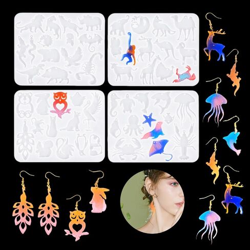 4PCS Animal Earring Silicone Molds Jewelry Resin Mold with Hole Bear Owl Wild Animal Sea Animal Earring Epoxy Mold Jewelry Molds for DIY Earring Pendant Keychain Jewelry Making (Earring Mold) in Saudi Arabia