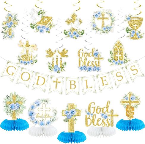 زخارف المعمودية الزرقاء ، بريق بارك بارك بارك لافتة شنقا دوامات قرص العسل المركزية لاستشارات الطفل الأولى بالتواصل ، لوازم الحفلات المعمودية in Kuwait