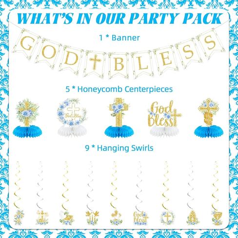 Blue Baptism Decorations, Glitter God Bless Banner Hanging Swirls Honeycomb Centerpieces for Baby Shower Birthday First Communion, Baptism Party Supplies in Kuwait