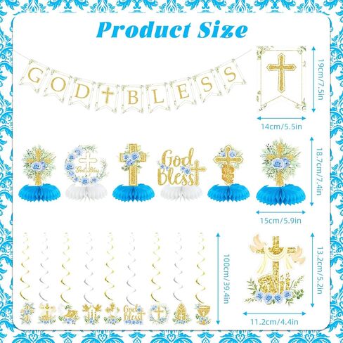 Blue Baptism Decorations, Glitter God Bless Banner Hanging Swirls Honeycomb Centerpieces for Baby Shower Birthday First Communion, Baptism Party Supplies in Kuwait