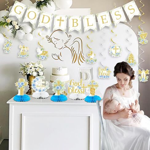 Blue Baptism Decorations, Glitter God Bless Banner Hanging Swirls Honeycomb Centerpieces for Baby Shower Birthday First Communion, Baptism Party Supplies in Kuwait
