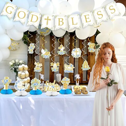Blue Baptism Decorations, Glitter God Bless Banner Hanging Swirls Honeycomb Centerpieces for Baby Shower Birthday First Communion, Baptism Party Supplies in Kuwait