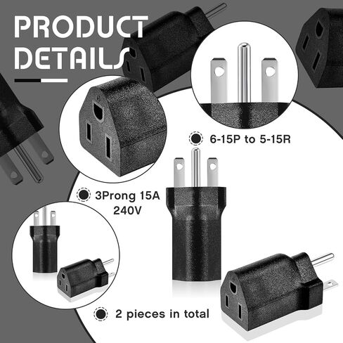 6-15P to 5-15R US Plug Adapter 3 Prong Electrical Converter Plug 15 Amp to 10 Amp Power Adapter, 120V to 240V, Black(1 Piece) in Kuwait