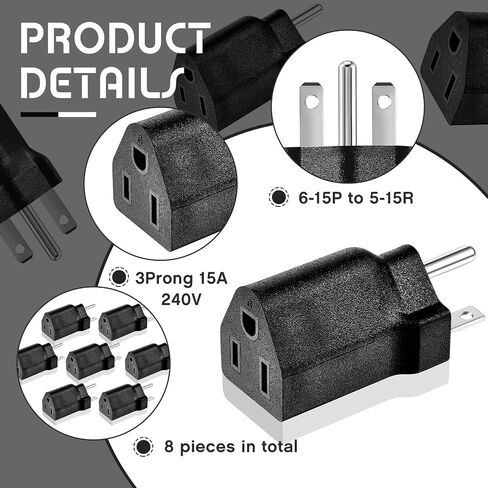 6-15P to 5-15R US Plug Adapter 3 Prong Electrical Converter Plug 15 Amp to 10 Amp Power Adapter, 120V to 240V, Black(1 Piece) in Kuwait
