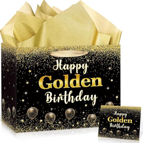 Happy Golden Birthday Gift Bag Gold Glitter Griter Decorations إنها حقيبة ورق التغليف من عصرها الذهبي للنساء الـ 21 24th 25th Formth Party Supplies Supplies in Saudi Arabia