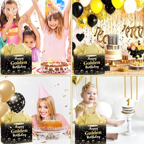 Happy Golden Birthday Gift Bag Gold Glitter Griter Decorations إنها حقيبة ورق التغليف من عصرها الذهبي للنساء الـ 21 24th 25th Formth Party Supplies Supplies in Saudi Arabia