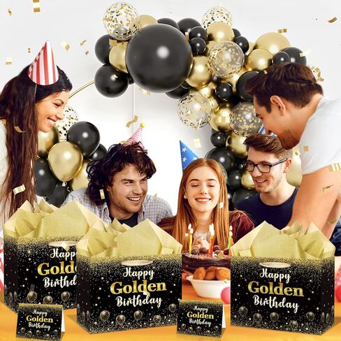 Happy Golden Birthday Gift Bag Gold Glitter Griter Decorations إنها حقيبة ورق التغليف من عصرها الذهبي للنساء الـ 21 24th 25th Formth Party Supplies Supplies in Saudi Arabia
