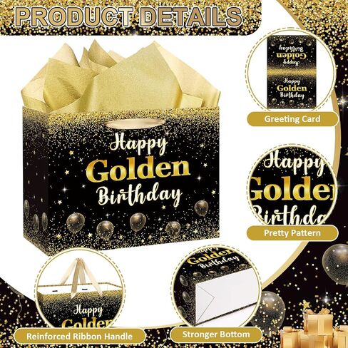 Happy Golden Birthday Gift Bag Gold Glitter Griter Decorations إنها حقيبة ورق التغليف من عصرها الذهبي للنساء الـ 21 24th 25th Formth Party Supplies Supplies in Saudi Arabia