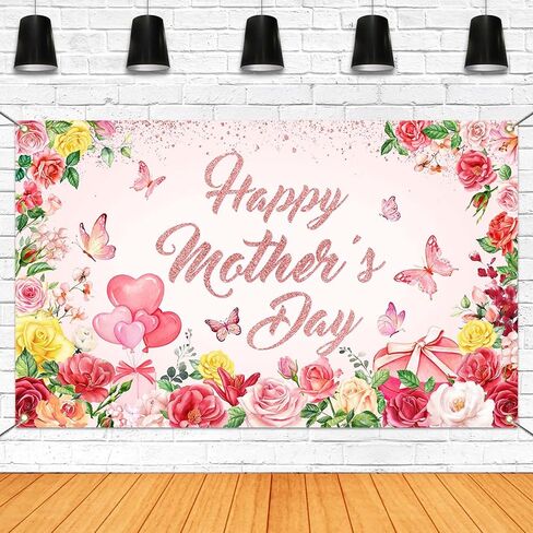 Mocsicka Happy Mother's Day Banner Bare Mother's Base Decorations Banner Pink Floral Mothers Flag for Home Decor Form in Kuwait