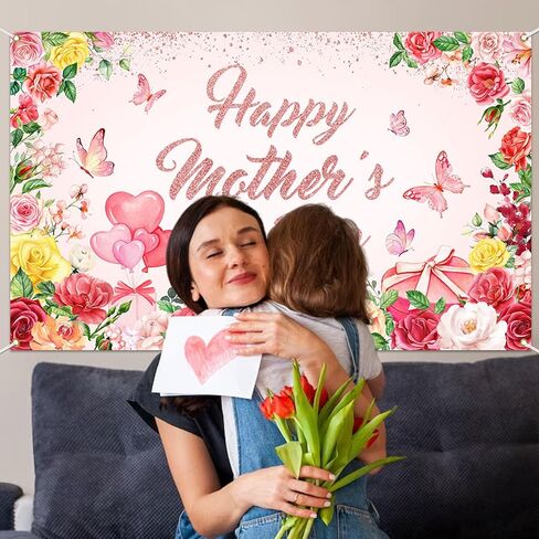 Mocsicka Happy Mother's Day Banner Bare Mother's Base Decorations Banner Pink Floral Mothers Flag for Home Decor Form in Kuwait