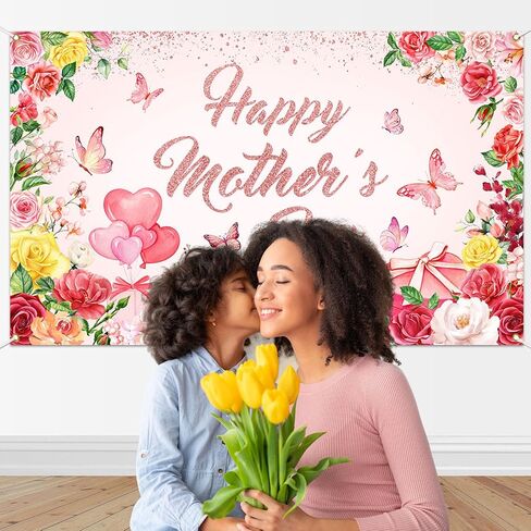 Mocsicka Happy Mother's Day Banner Bare Mother's Base Decorations Banner Pink Floral Mothers Flag for Home Decor Form in Kuwait