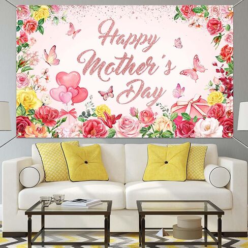 Mocsicka Happy Mother's Day Banner Bare Mother's Base Decorations Banner Pink Floral Mothers Flag for Home Decor Form in Kuwait