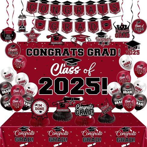 Graduation Decorations 2025, Black and Gold Congrats Party Decor Set include Banner Class of 2025 Backdrop Tablecloth Balloons Honeycomb Streamers Kit, Complete Party Supplies for College Celebrations in Saudi Arabia